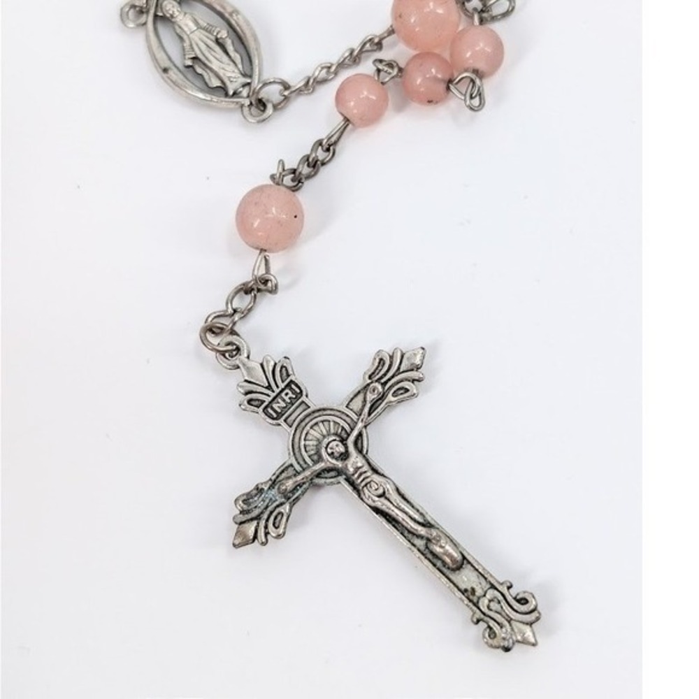 VTG Pink Bead Rosary Miraculous Medal Virgin Mary Silver Tone Crucifix Necklace - Picture 7 of 11